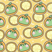 sans couture modèle de mignonne grenouille dans Orange chapeau arrière-plan.reptile animal personnage dessin animé design.fruit.image pour carte, affiche, bébé vêtements.kawaii.vector.lillustration. vecteur