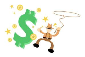 Amérique cow-boy homme et argent dollar dessin animé griffonnage plat conception style vecteur illustration