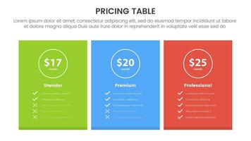 prix table ou prix Comparaison infographie 3 point étape modèle avec rectangle boîte plein Couleur Contexte pour faire glisser présentation vecteur