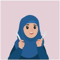 jolie hijab fille en portant fourchette et couteau en train de préparer à manger illustration vecteur