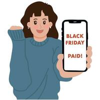 portrait Jeune femme en portant téléphone intelligent en ligne achats noir Vendredi vente main dessin illustration vecteur