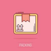 icône de boîte d'emballage de dessin animé de vecteur dans le style comique. pictogramme d'illustration de signe de pack d'expédition. concept d'effet d'éclaboussure d'affaires de boîte.