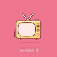 icône de télévision de dessin animé de vecteur dans le style comique. pictogramme d'illustration de signe de télévision. concept d'effet d'éclaboussure d'entreprise de télévision.