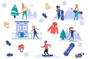 Ensemble d'éléments isolés de sports d'hiver. ensemble d'hommes et de femmes patinant, skiant ou faisant de la planche à neige, jouant au hockey, vêtements et équipement pour les activités. kit créateur pour illustration vectorielle en dessin animé plat vecteur