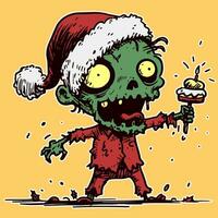 vecteur de une dessin animé zombi célébrer Noël par portant rouge vêtements et en portant une petit gâteau. dessin de une vert squelette à hiver vacances