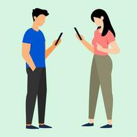 plat illustration de une homme et femme bavardage avec une intelligent téléphone gens en utilisant téléphone. gens en utilisant La technologie plat illustration vecteur