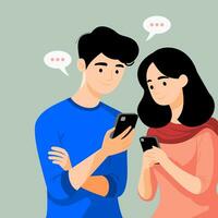 plat illustration de une homme et femme bavardage avec une intelligent téléphone vecteur