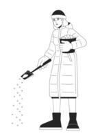 chaud vêtements femme traiter la glace sur trottoir noir et blanc 2d ligne dessin animé personnage. Dame diffusion le sable sur route isolé vecteur contour personne. faire la glace sûr monochromatique plat place illustration