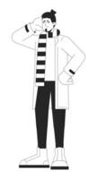 déçu caucasien homme dans hiver vêtements d'extérieur noir et blanc 2d ligne dessin animé personnage. mécontent Masculin portant rayé écharpe isolé vecteur contour personne. monochromatique plat place illustration