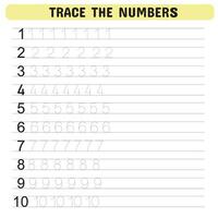 trace le Nombres. tracé nombre feuille de travail pour Jardin d'enfants, préscolaire pour apprentissage Nombres et écriture entraine toi activités. éducatif les enfants jeu, imprimable feuille de travail. vecteur illustration