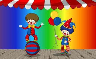 personnage de dessin animé drôle de clowns sur fond dégradé arc-en-ciel vecteur