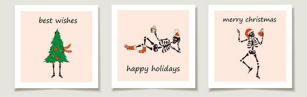 Noël vecteur cadeau carte ou étiquette ensemble avec marrant squelette avec avec décoration Noël. mignonne Dames. joyeux Noël caractères, meilleur vœux