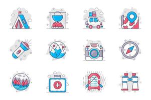 Jeu d'icônes de ligne plate de concept de camping. randonnées et loisirs de plein air. paquet de tente, melon, voiture, carte, itinéraire, boussole, lampe de poche, montagne, autre. symboles de contour de pack conceptuel vectoriel pour application mobile