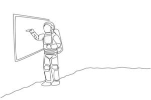 un dessin au trait continu d'un jeune astronaute expliquant la formule et écrivant sur un tableau blanc à la surface de la lune. concept d'espace de galaxie cosmique. illustration vectorielle de dessin graphique à une seule ligne dynamique vecteur