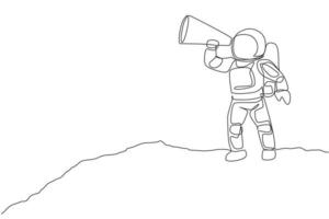 un seul dessin d'un jeune astronaute tenant un haut-parleur en papier pour annoncer à haute voix certaines règles dans l'illustration vectorielle de la surface de la lune. concept d'espace lointain de cosmonaute. conception de dessin de ligne continue moderne vecteur