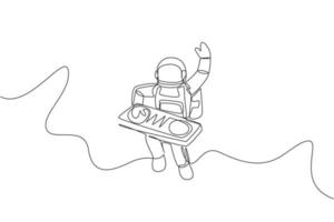 un seul dessin d'un astronaute jouant un instrument de musique dj mixeur dans une illustration vectorielle de l'espace lointain. affiche de concert de musique avec concept d'astronaute spatial. conception de dessin graphique en ligne continue moderne vecteur