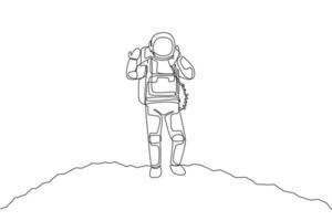 dessin d'une seule ligne continue d'astronaute dans la surface de la lune appelant avec un satellite téléphonique. bureau d'affaires avec le concept d'espace extra-atmosphérique de galaxie. Une ligne à la mode dessiner illustration vectorielle de conception graphique vecteur