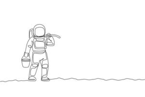 un dessin au trait continu d'un astronaute portant un seau et une houe sur l'épaule tout en marchant sur la surface de la lune. concept d'astronaute agricole dans l'espace lointain. illustration vectorielle de dessin dynamique à une seule ligne vecteur