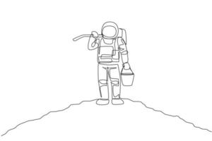 dessin au trait continu unique d'un cosmonaute portant un seau et une houe sur l'épaule tout en se tenant à la surface de la lune. concept de vie agricole d'astronaute de galaxie. illustration vectorielle de conception de dessin à la mode une ligne vecteur