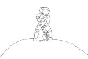 dessin au trait continu unique du cosmonaute creusant le sol à l'aide d'une pelle en métal à la surface de la lune. concept de vie agricole d'astronaute de galaxie. Une ligne à la mode dessiner illustration vectorielle graphique de conception vecteur