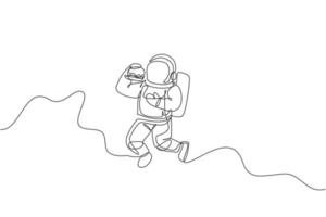 un dessin au trait continu d'un cosmonaute mangeant un délicieux hamburger frais dans l'univers galactique. concept de vie d'astronaute de l'espace extra-atmosphérique fantastique. Graphique d'illustration vectorielle de conception de dessin à une seule ligne dynamique vecteur