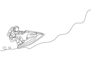 dessin au trait continu unique d'un astronaute utilisant un jetski sur la surface de la lune, dans l'espace lointain. concept de sport de galaxie d'astronomie spatiale. Une ligne à la mode dessiner illustration vectorielle de conception graphique vecteur