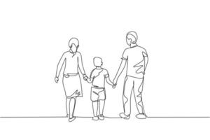 un seul dessin d'une jeune mère et d'un père heureux conduisent leur fils à marcher ensemble, tenant ses mains illustration vectorielle graphique. concept d'éducation parentale. conception de dessin de ligne continue moderne vecteur