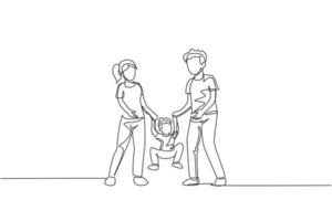 un seul dessin de jeune maman papa tenant leur fils ensemble puis le soulever et le balancer, illustration vectorielle parentale. famille heureuse jouant ensemble concept. conception de dessin de ligne continue moderne vecteur