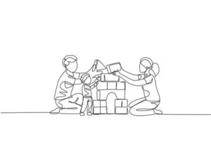 un dessin au trait continu d'une jeune mère et d'un père heureux jouant avec son fils construisant une maison à partir de blocs de puzzle en mousse à la maison. concept de parentalité familiale. illustration vectorielle de dessin à une seule ligne vecteur