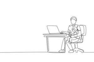 dessin au trait continu unique d'un jeune père assis sur un canapé et tenant sa fille tout en tapant sur un ordinateur portable, travail à domicile. concept de parentalité familiale heureuse. une ligne dessiner illustration vectorielle de conception vecteur