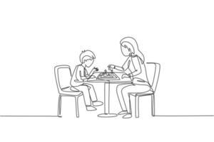 dessin au trait continu unique de la jeune mère assise sur une chaise pense sérieusement à jouer aux échecs contre son fils à la maison. concept de parentalité familiale heureuse. illustration vectorielle de conception de dessin à la mode une ligne vecteur