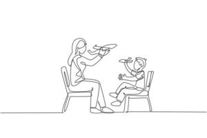 un dessin au trait continu de la jeune mère et de sa fille assise sur une chaise et jouant ensemble à un jouet d'avion à la maison. concept de parentalité familiale heureuse. illustration vectorielle de dessin à une seule ligne vecteur