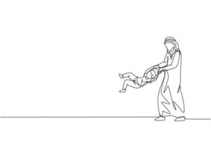 un seul dessin au trait d'un jeune père arabe joue et élève son fils garçon dans les airs à la maison illustration vectorielle. heureux concept parental de famille musulmane islamique. conception de dessin de ligne continue moderne vecteur