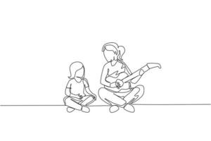 un seul dessin de jeune maman jouant de la guitare et chantant heureux avec son fils à la maison illustration graphique vectorielle. concept de liaison familiale heureuse. conception de dessin de ligne continue moderne vecteur