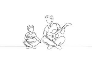 un dessin au trait continu d'un jeune père jouant de la guitare et chantant heureux avec son fils à la maison. concept de parentalité familiale heureuse. illustration graphique de vecteur de conception de dessin de ligne unique dynamique