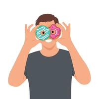 homme posant en portant dans mains couvrant yeux avec rose beignets comme des lunettes à la recherche caméra vecteur