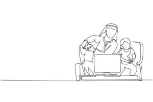 un seul dessin au trait d'un jeune père islamique jouant à un jeu vidéo avec sa fille assis sur une illustration vectorielle de canapé. heureux concept parental de famille musulmane arabe. conception de dessin de ligne continue moderne vecteur