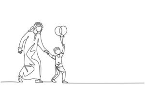 un seul dessin au trait du jeune père islamique accompagne son fils qui tient un ballon pour jouer à l'illustration vectorielle du parc d'attractions. concept de parentalité de la famille musulmane arabe. conception de dessin en ligne continue vecteur