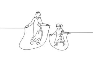 un dessin au trait continu d'un jeune père et d'une fille islamiques jouent à la corde à sauter et sautent au parc. heureux concept de famille parentale musulmane arabe. illustration vectorielle de dessin dynamique à une seule ligne vecteur