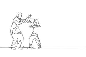 un dessin au trait continu d'une jeune maman islamique jouant au basket-ball avec sa fille au parc extérieur. heureux concept de famille parentale musulmane arabe. illustration vectorielle de dessin dynamique à une seule ligne vecteur