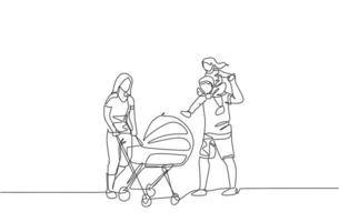 un dessin au trait continu d'une jeune mère poussant une poussette de bébé au parc tandis que le père porte son fils sur l'épaule. concept de parentalité familiale heureuse. illustration vectorielle de dessin dynamique à une seule ligne vecteur