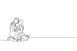 un seul dessin d'une jeune mère et d'un père arabes heureux embrassant leur fille fille sur l'illustration vectorielle de sol. concept de parentalité de famille heureuse musulmane. conception de dessin de ligne continue moderne vecteur