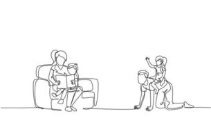 un dessin au trait continu d'un jeune jeu avec sa fille tandis que sa mère est assise sur un canapé et lit un livre à son fils. concept de parentalité familiale heureuse. illustration vectorielle de dessin dynamique à une seule ligne vecteur