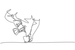 un seul dessin au trait d'un jeune barista heureux versant du lait de café chaud de la cafetière à la tasse au-dessus de la table au café. concept de boisson de café. illustration de conception de vecteur de dessin de ligne continue dynamique