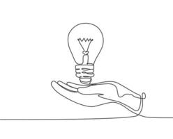 un seul dessin d'une main de paume ouverte tenant une ampoule lumineuse pour l'identité du logo de l'entreprise d'invention. concept d'icône de créativité de la forme de l'ampoule. ligne continue à la mode dessiner illustration vectorielle de conception vecteur