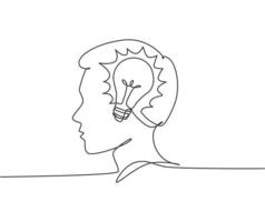 un dessin au trait continu d'un homme humain avec un cerveau d'ampoule à l'intérieur de l'emblème du logo de l'icône de la tête. concept de modèle de logotype de symbole d'innovation. illustration graphique de conception de dessin à une seule ligne moderne vecteur