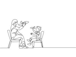 un seul dessin au trait d'une jeune maman arabe et son fils jouant ensemble à un jouet d'avion à la maison illustration vectorielle. heureux concept parental de famille musulmane islamique. conception de dessin de ligne continue moderne vecteur