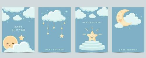 bébé douche invitation carte pour garçon avec ballon, nuage, ciel, bleu vecteur