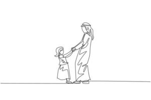 dessin continu d'une ligne de jeunes père et fille arabes jouant ensemble à la maison. heureux concept de famille parentale musulmane islamique. illustration vectorielle de conception graphique à une seule ligne dynamique vecteur