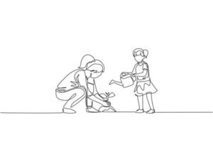 un seul dessin de jeune maman enseigne à sa fille la plantation pendant que l'enfant arrose une plante à l'illustration vectorielle du jardin domestique. concept d'apprentissage parental heureux. conception de dessin de ligne continue moderne vecteur